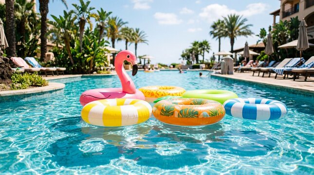 Colorful inflatable rings floating in swimming pool bright sunlight playful summer vacation leisure lifestyle scene