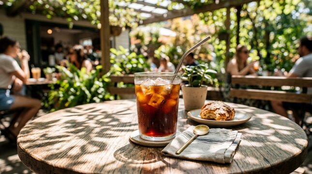Cold brew coffee with ice on cafe table casting shadows refreshing summer beverage lifestyle scene