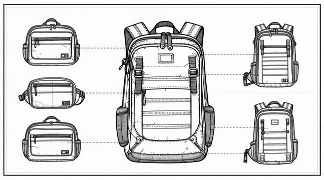 Exploded technical drawing shows backpack details. Various bag styles and components are illustrated. Design shows zippers straps pockets and side pouches.