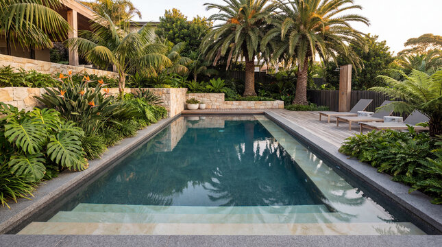 Elegant rectangular pool minimal stone steps framed by luxury landscape architecture modern outdoor design