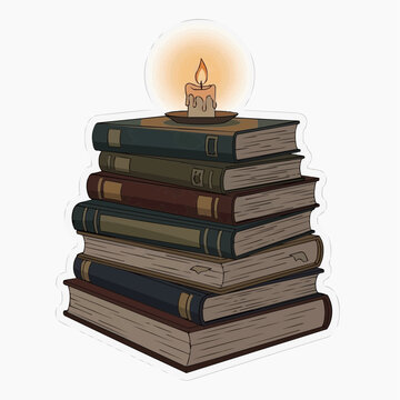 Dark academia sticker of stack of old books with candle warm earthy tones on white