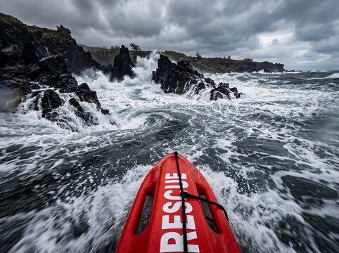 POV rescue tube rushing into rip current near sharp rocks dramatic ocean lifesaving emergency action