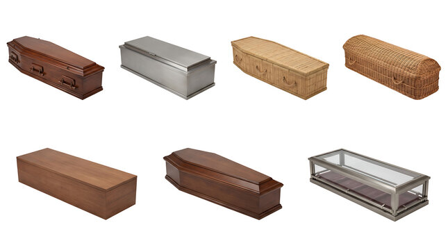 Various funeral coffins and caskets isolated on white background. Different styles including wood, metal, wicker, and glass for burial services, bereavement planning, and industry catalogs.