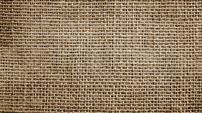 An old-aged brown background and sepia cream color on a woven hessian sackcloth with hemp burlap fibre fabric textile texture.