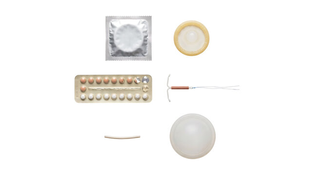 Variety of Contraceptive Methods Including Condoms, Pills, IUD, and Implant on White Background. Medical Flat Lay for Sexual Health Education and Family Planning Concept.