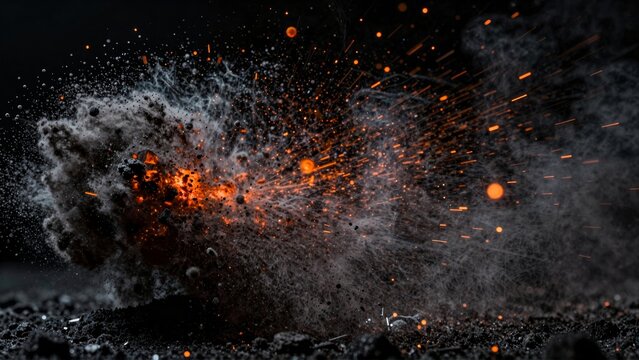 Cinematic Dirt Explosion with Fire and Sparks on Black Background