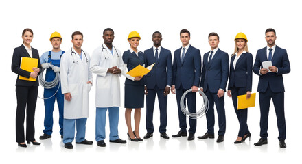 Obraz premium Diverse Group of Professionals Standing Together Representing Various Career Paths on White Background