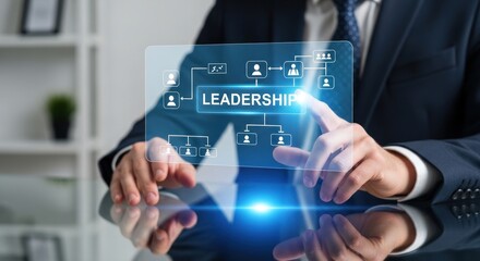 Fototapeta premium Businessman interacting with digital leadership interface organizational chart, for corporate management, strategic planning, professional growth, team structure efficiency