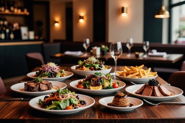 Fototapeta premium Plates of grilled steak, fresh salads, and french fries served at a table in a modern upscale restaurant. Elegant dining experience with fine cuisine and drinks for guests.