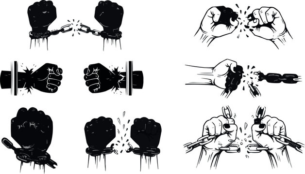 Handcuffed Fist Breaking Chains Set with Powerful Liberation and Protest Symbols for Justice, Freedom, and Resistance Designs