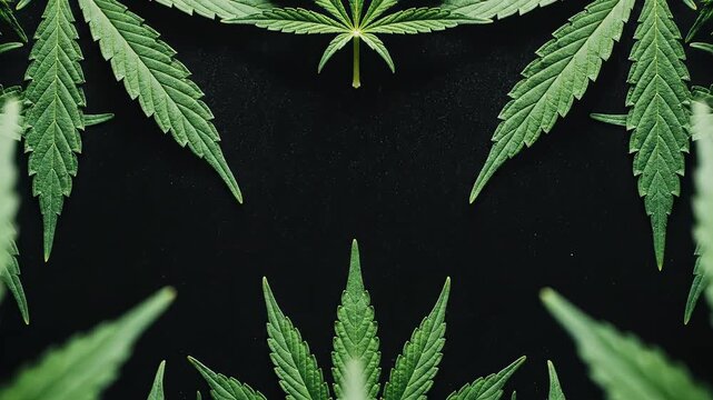 Green cannabis leaves on black background highlighting geometric patterns and contemporary art