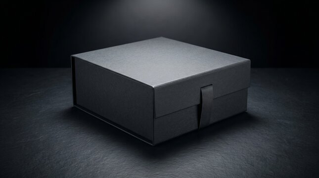 Luxury black gift box with ribbon closure sitting on a dark surface