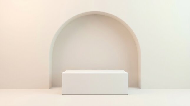 Minimalist empty podium with archway for product display in beige studio