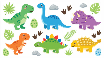 Cute cartoon dinosaur collection with colorful prehistoric animals, friendly nursery dino character set, flat vector illustrations for kids © Muhammad