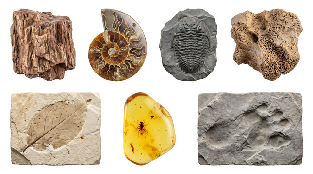 Fossil collection set including ammonite, trilobite, amber insect, leaf imprint, and bone isolated on white. High-detail archaeological specimens for education, science, and historical design.