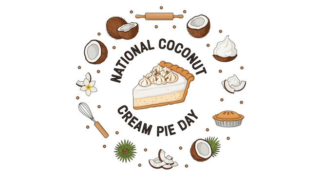 A decorative vector illustration celebrates National Coconut Cream Pie Day with a slice of creamy coconut pie, coconut halves, and baking tools arranged in a circle on a clean white