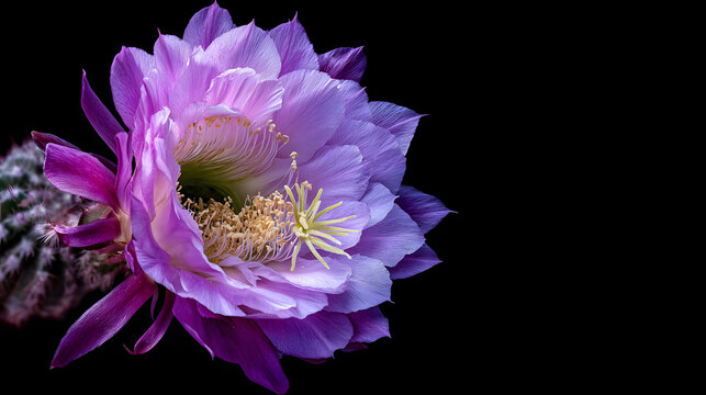 A stunning purple cactus flower in full bloom on a black background