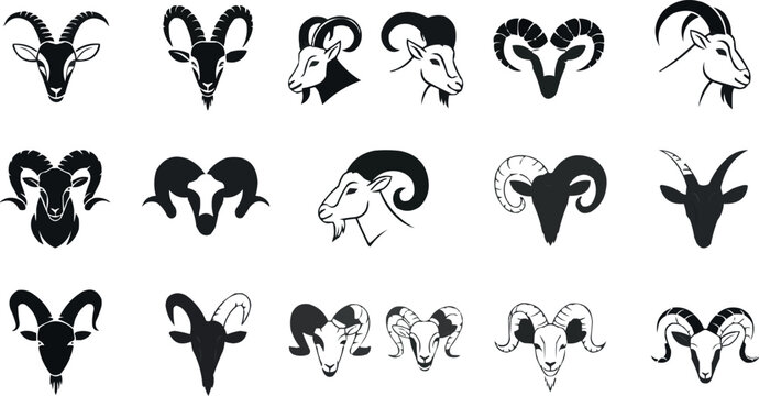 Ram and Goat Head Silhouette Set with Various Horn Styles for Animal, Nature, and Wildlife Illustrations