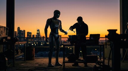 Obraz premium Robot Repair Technician Working on Humanoid Android at Sunset City Rooftop View