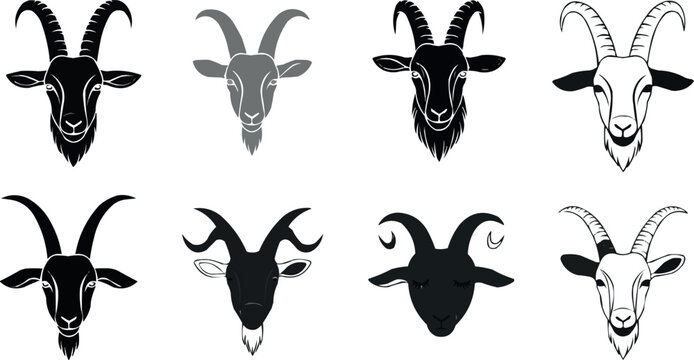 Goat Head Silhouette Set with Various Horn Styles for Animal Illustration, Nature, and Wildlife Designs