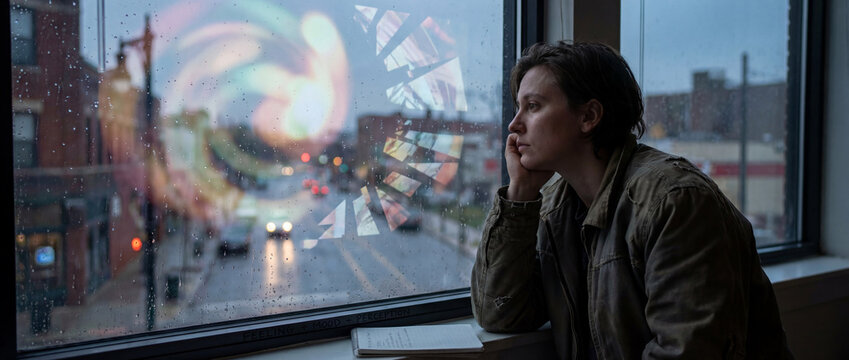 feeling mood perception openart.ai concept. Man in jacket gazing thoughtfully out a rain-speckled window at urban city lights during dusk.