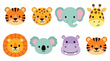 Cute safari animal faces vector set, 8 cartoon jungle animal heads for nursery decor, flat wild animal character icons for kids © Muhammad