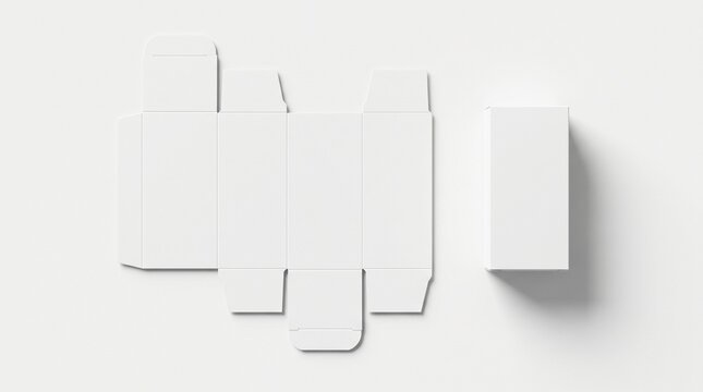 White cardboard box packaging dieline template with 3D assembled view