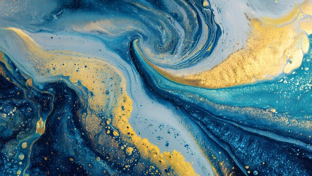 An abstract blue watercolor background features a liquid flow of paint and gold marble swirls to create a textured wave pattern for an artistic wallpaper design