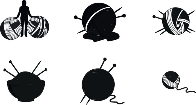 Knitting yarn ball silhouette vector collection with crochet needles and textile crafting hobby design illustrations