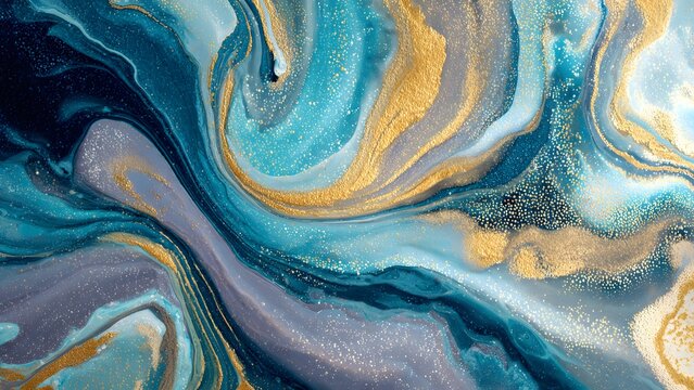 Abstract blue background with blue, green, and yellow liquid waves featuring an artistic swirl pattern and water ripple texture for a flowing paint design backdrop