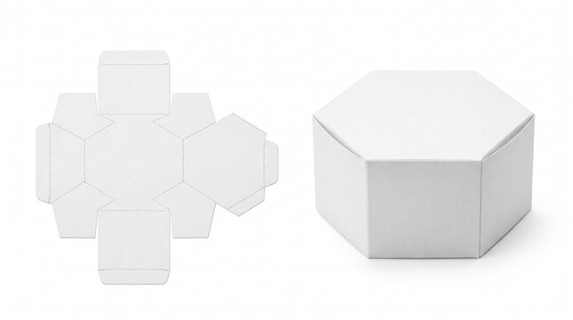 White Hexagon Paper Box Die Cut Pattern and Assembled Mockup Isolated
