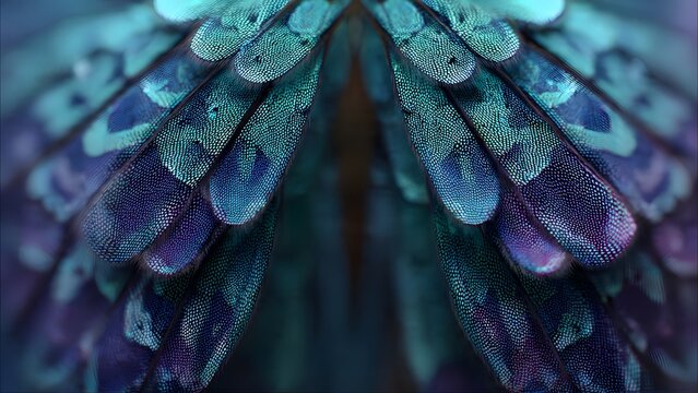 A detailed macro closeup of a tropical blue macaw parrot feather showcasing a vibrant natural pattern and texture