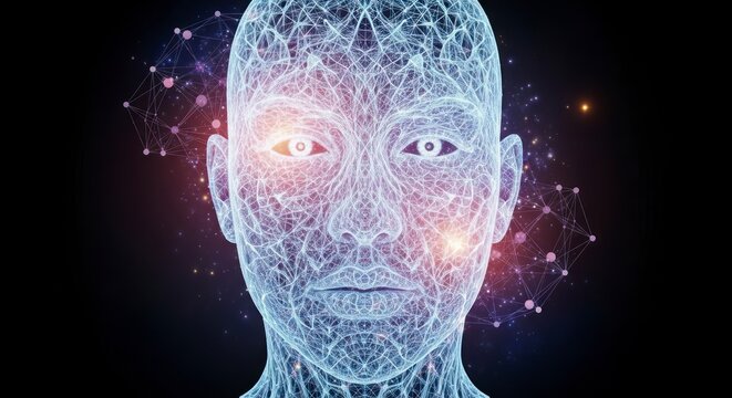 Resumo de um rosto humano digital representando intelig&ecirc;ncia artificial e tecnologia.