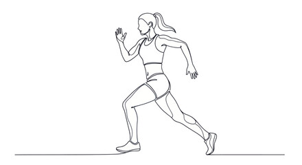Fototapeta premium Continuous line art drawing of a female athlete running with determination.