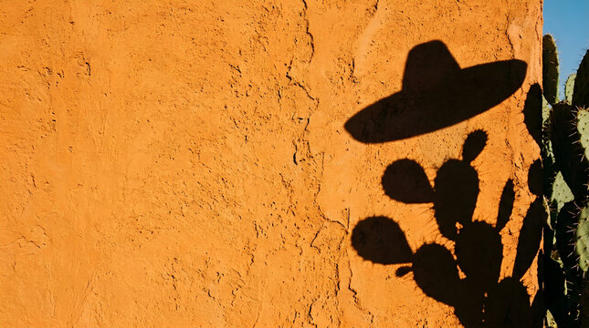 Vibrant Stucco Wall Texture with Sombrero and Cactus Silhouette Shadows