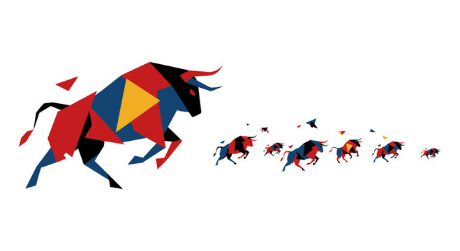 Abstract Geometric Bulls Herd, Colorful Polygon Art, Dynamic Movement