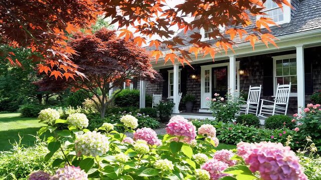 House with garden and colorful flowers for cinematic landscapes and wilderness exploration