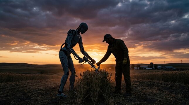 Farmer and Agricultural Robot Harvesting Crops at Sunset &ndash; Future of Farming Technology