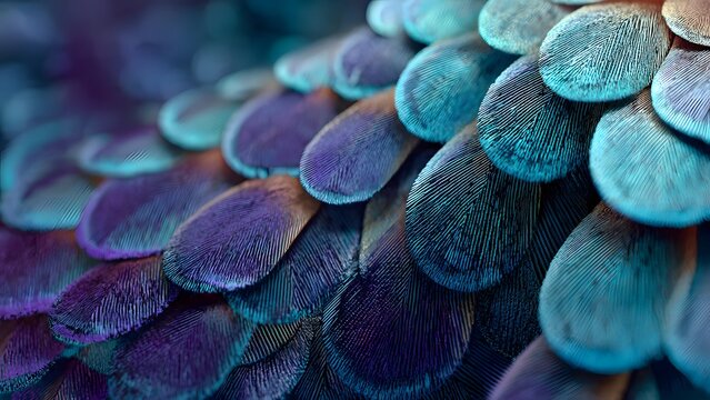 A macro illustration of blue bird feathers reveals a biological pattern of flowing cells and purple bubbles that mimic a medical science design of bacteria or virus textures in nature art