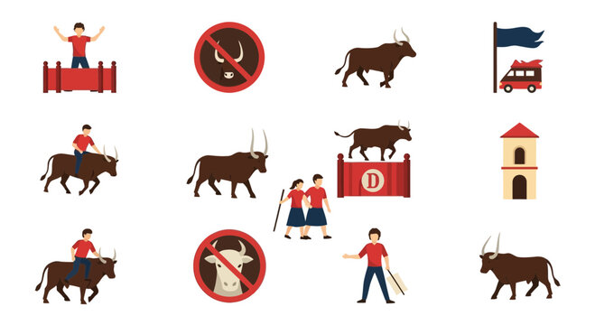 Bullfighting Icons Set: Matador, Bull, Arena, Danger Sign