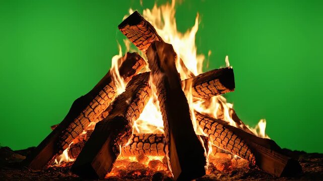Wood fire burning with green background perfect for UI/UX design and motion graphics