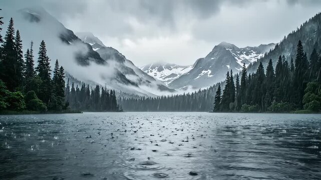Mountain lake with rain and fog for outdoor lifestyle brands and nature documentaries