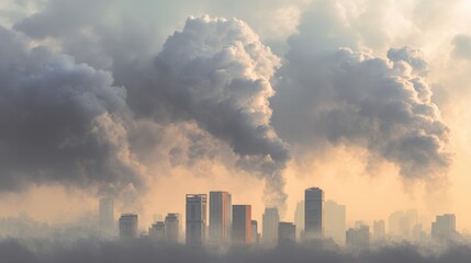 Fototapeta premium Urban skyline under heavy smog with dramatic clouds and pollution in the atmosphere during sunset creating an eerie and atmospheric landscape