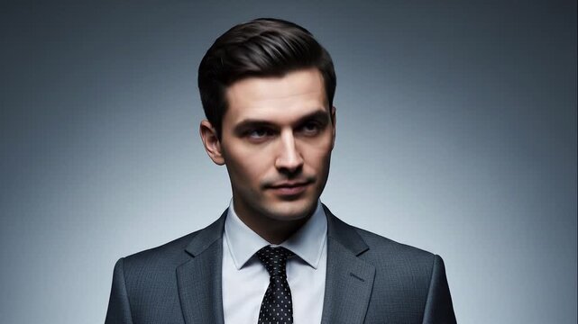 Business analyst portrait with cool gray background, wearing modern formal attire, calm neutral expression, slight nod movement, clean studio lighting, subtle shadow depth