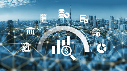 Modern cityscape with financial growth icons and graphs. The image represents technology, analysis, and investment opportunities in a connected world. Perfect for financial themes. Ledger © InfiniteFlow