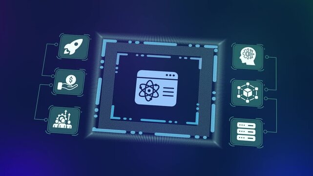 Science and quantum computing research concept with atom icon on a digital interface and business growth symbols on dark blue.