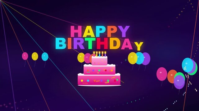 Happy Birthday Colorful Rainbow Text with Pink Cake Candles and Balloons on Purple Background