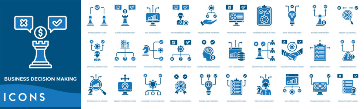 Business Decision Making Icon set. Strategic Decision Making, Business Strategy, Data Driven Decisions, Executive Decision Process,  Support Framework and Informed Decision Systems