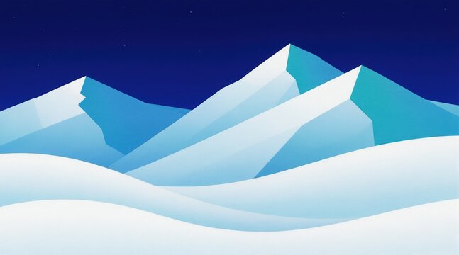 Stylized abstract snowy mountains under starry dark blue night sky. Gentle white snowdrifts form foreground with geometric icy peaks in background. Cold winter landscape illustration with clean