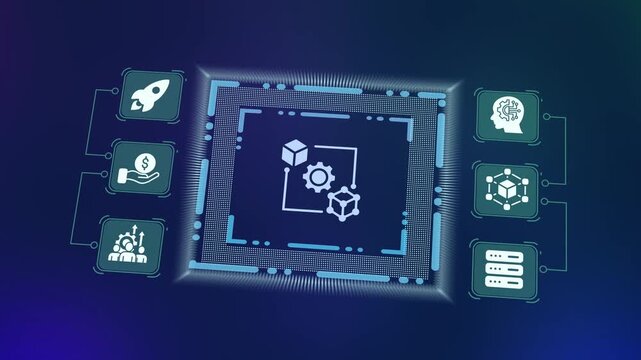 Digital artificial intelligence technology icon set with gears and cube symbols for data processing and smart automation.